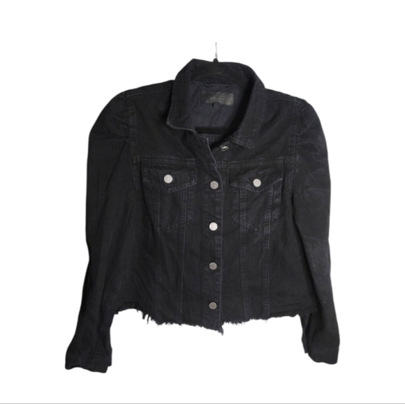 Blank NYC Womens Cropped Black Denim Jean Jacket Grunge Rock Raw Hem Size Medium - Picture 1 of 7